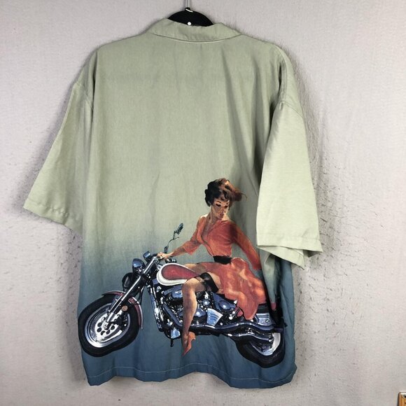 Motorcycle Pinup Shirt Mens XL Green Blue Ombre Button Front Camp Biker J/E/T - Picture 2 of 16